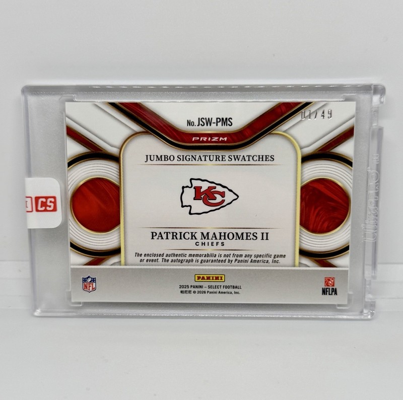 PATRICK MAHOMES II 2025 Select Jumbo Signature Swatches Auto Copper Prizm 01/49 view 2