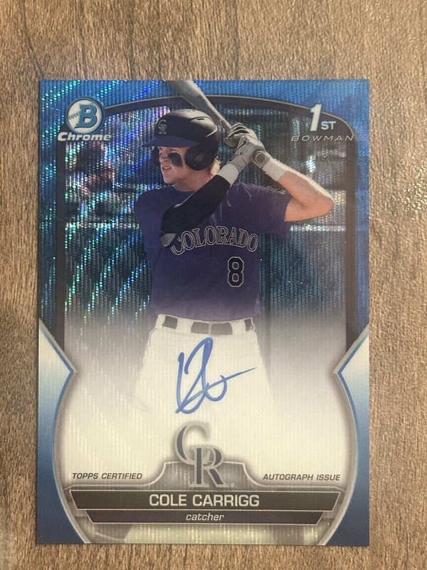 2023 Bowman Draft Chrome Cole Carrigg Blue Wave Refractor Auto /150 Rockies QTY
