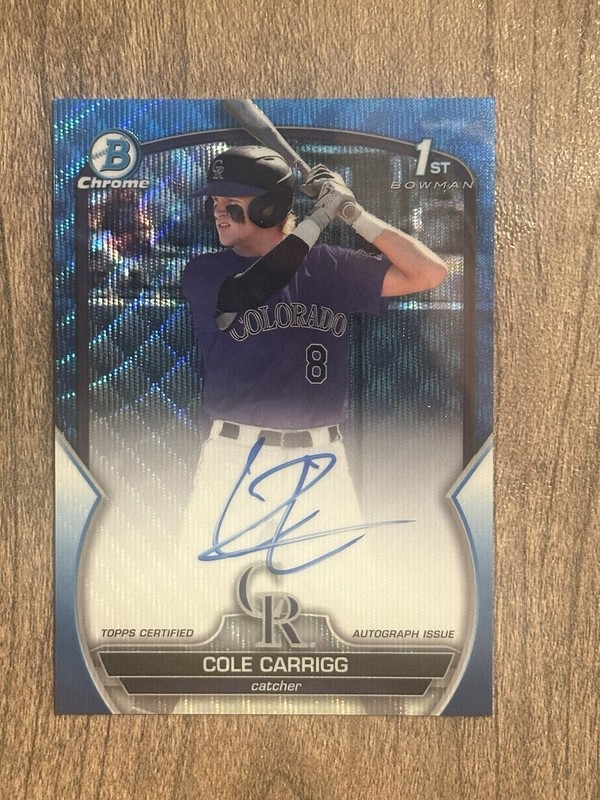 2023 Bowman Draft Chrome Cole Carrigg Blue Wave Refractor Auto /150 Rockies QTY view 2
