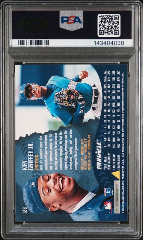 1995 Pinnacle Ken Griffey Jr. #128 Bubble Gum Card PSA 6 view 2