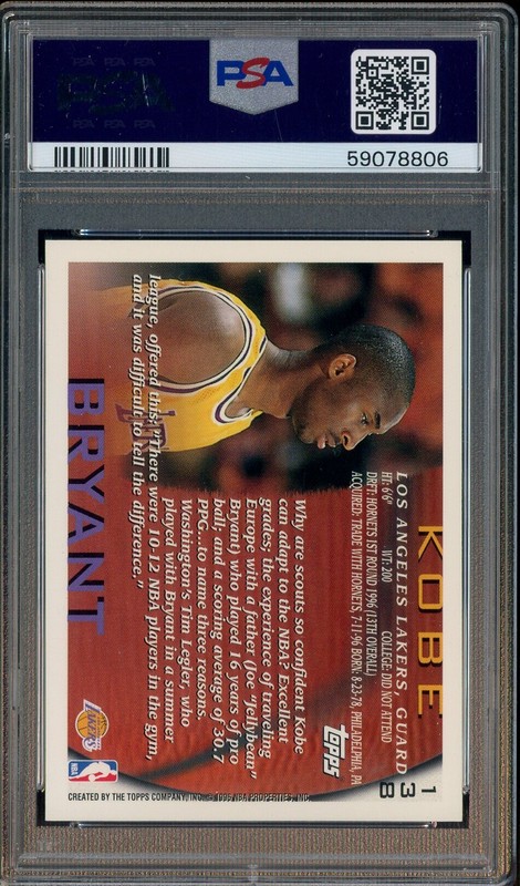 1996-97 Topps #138 Kobe Bryant Lakers RC Rookie HOF PSA 9 MINT view 2
