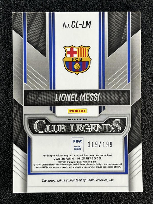 2025-26 Panini Prizm FIFA Lionel Messi Silver Prizm Club Legends Auto /199 &5312 view 2