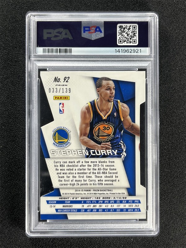 2014-15 Panini Prizm Stephen Curry #92 Purple Prizm Die Cut /199 PSA 9 MINT view 2