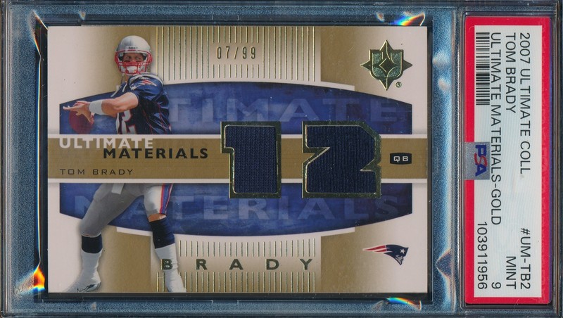 TOM BRADY 2007 UD ULTIMATE MATERIALS JERSEY GOLD #/99 PSA 9 CARD #TB2!  POP 5!