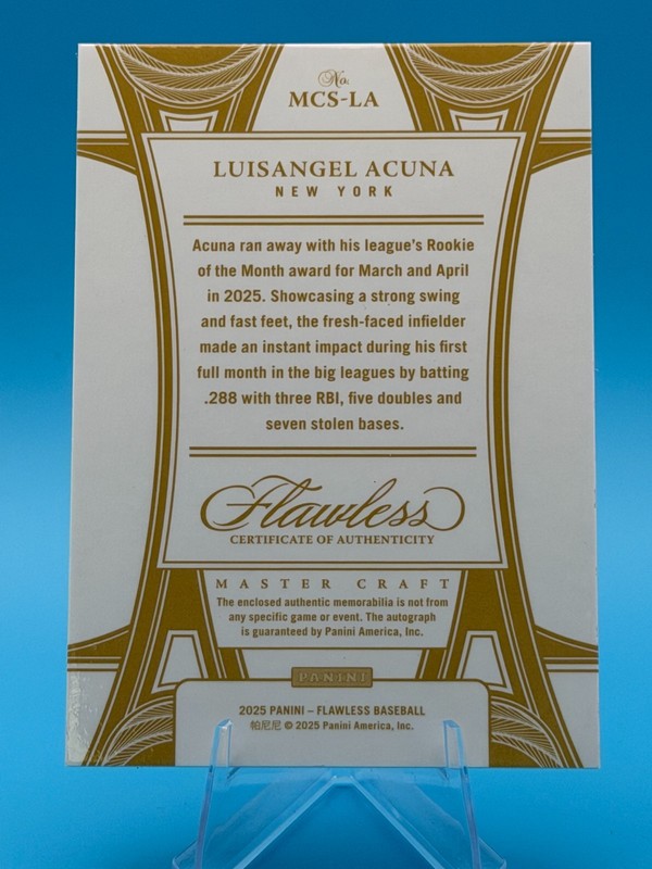 2025 Panini Flawless Luisangel Acuna #MCS-LA Triple Patch Auto 2/10 RC N.Y. Mets view 2