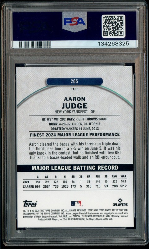 2025 Topps Finest Checkerboard Refractor #205 Aaron Judge Yankees PSA 10 view 2