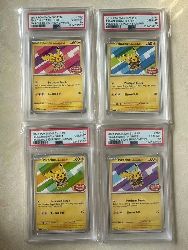 Pokemon PSA 10 Pikachu Batik Shirt 101, 154, 155, 190/SV-P Indonesia 4 Card Set 