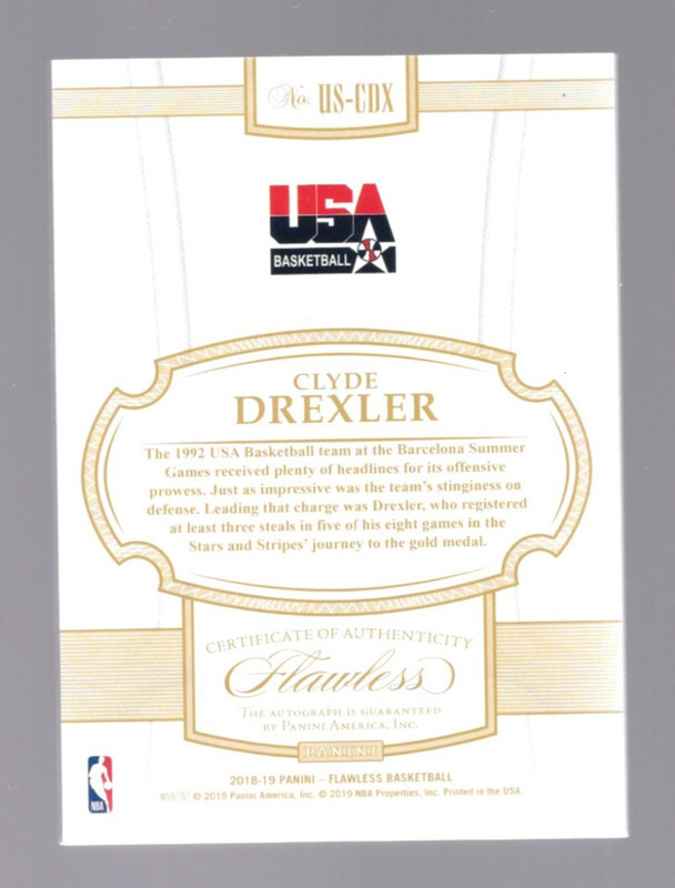 2018-19 Panini Flawless USA Basketball Clyde Drexler #US-CDX Gold /10 Auto view 2