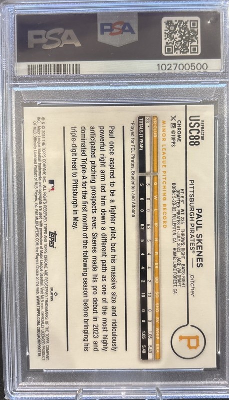 Paul Skenes 2024 Topps Chrome Update #USC88 Refractor RC Rookie Card PSA 10 view 2