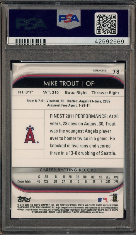 2012 Topps Finest Refractor #78 Mike Trout Angels RC Rookie PSA 10 GEM MINT view 2