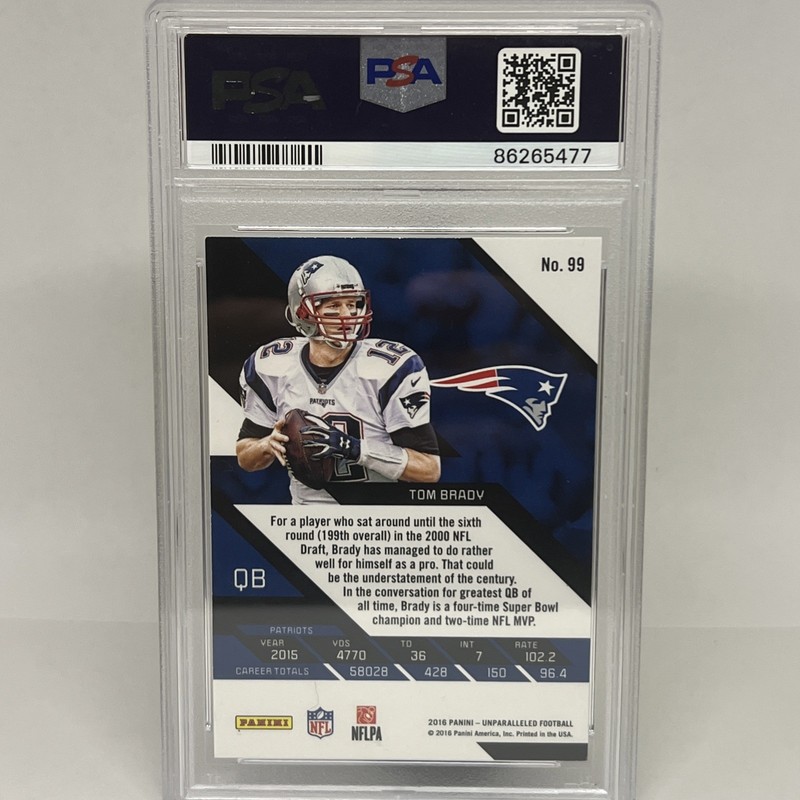 2016 Panini Unparalleled Tom Brady Purple Prizm PSA 8 view 2