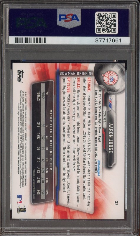 2017 Bowman #32 Aaron Judge Yankees RC Rookie PSA 10 GEM MINT view 2