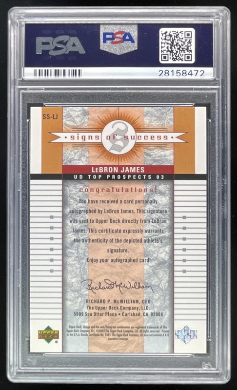 2003 Upper Deck Top Prospects Signs of Success #SSLJ LeBron James RC Auto PSA 10 view 2