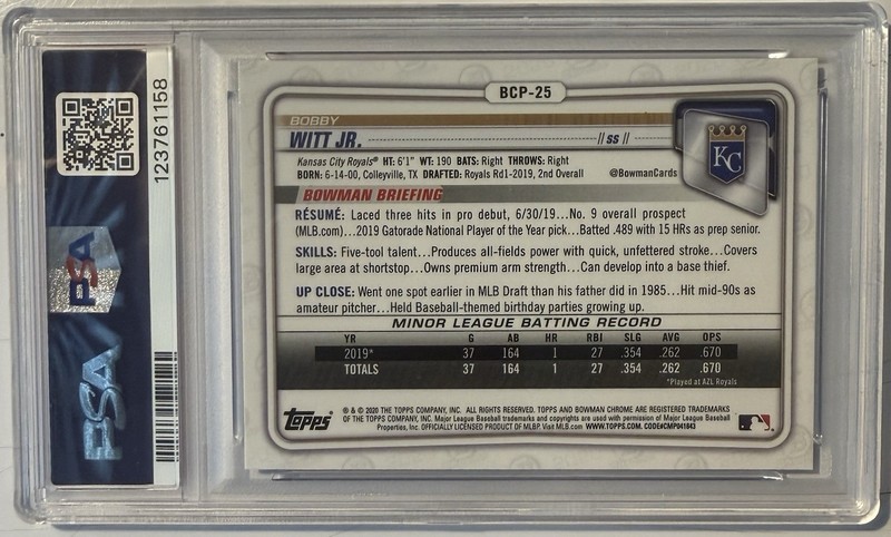 Bobby Witt Jr 2020 Bowman Chrome Sapphire PSA 10 view 2