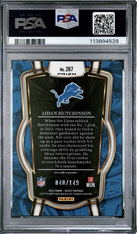 2022 Panini Select Club Level Aidan Hutchinson #267 TriColor Prizm /149 PSA 9 RC view 2