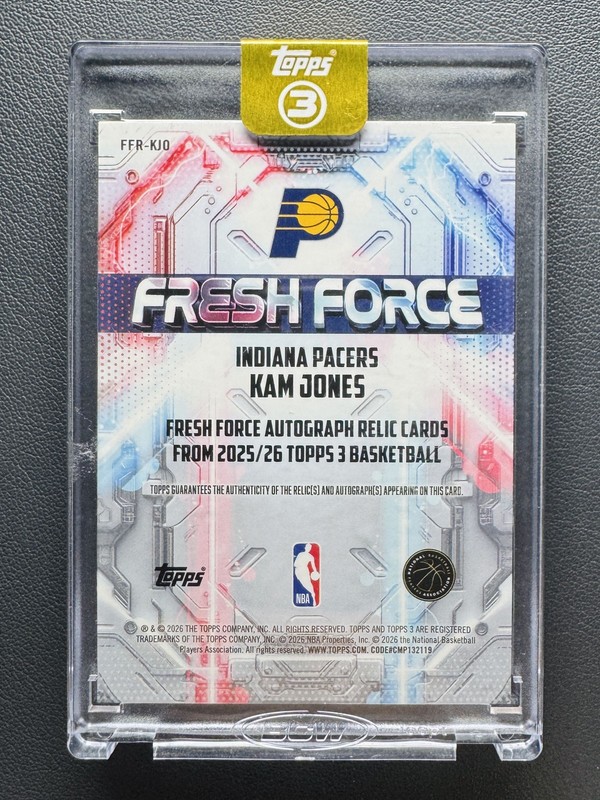 2025-26 Topps Three 3 Kam Jones Fresh Force Rookie Platinum Tag Patch Auto 1/1 view 2