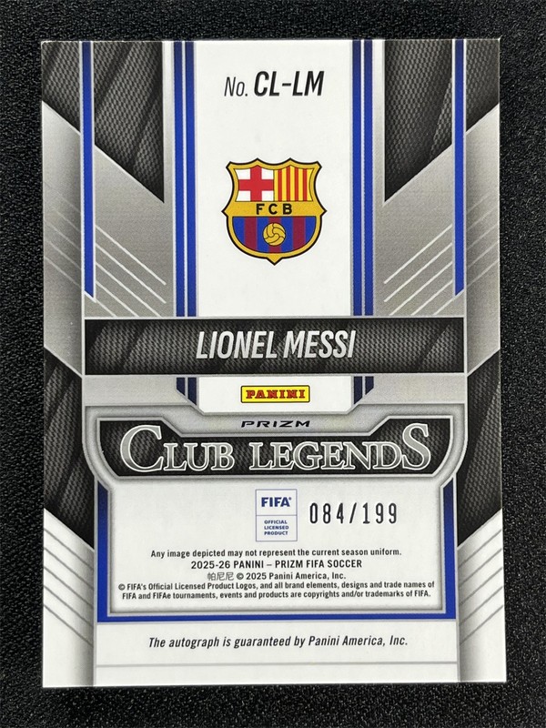 2025-26 Panini Prizm FIFA Lionel Messi Silver Prizm Club Legends Auto /199 view 2