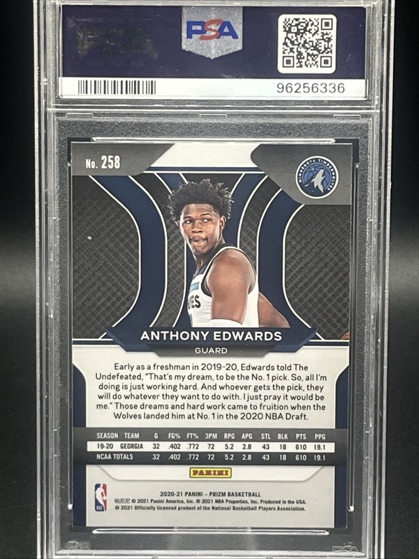 Anthony Edwards 2020-2021 Panini Prizm Rookie RC #258 PSA 10 Timberwolves view 2