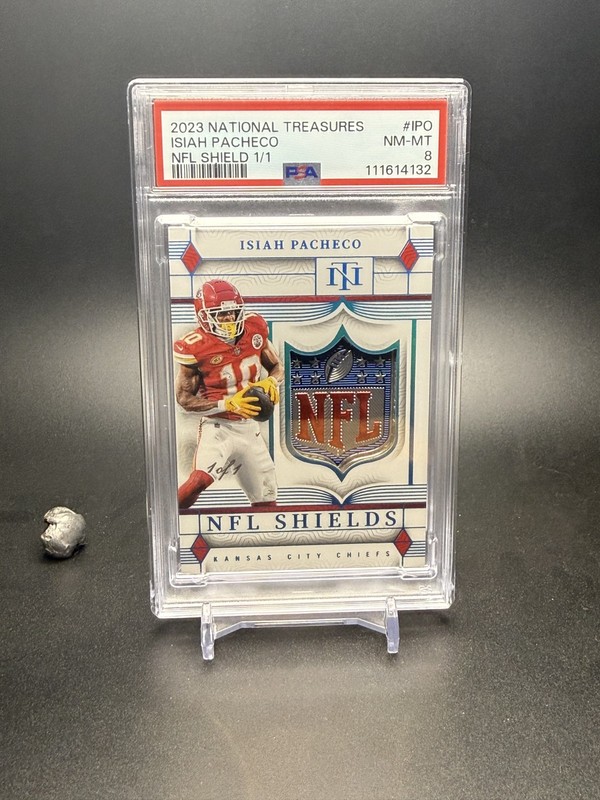 2023 Panini National Treasures NFL Shield 1/1 #SHD-IPO Isiah Pacheco PSA 8