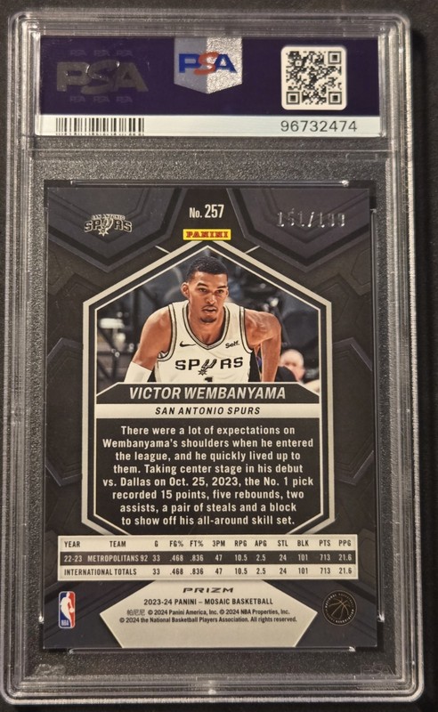2023-24 Mosaic Victor Wembanyama NBA Debut Blue Mosaic Prizm #151/199 RC PSA 8 view 2