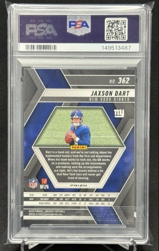 2025 Panini Mosaic Jaxson Dart RookieRed & White Stripe Prizm (RC) PSA 10 view 2