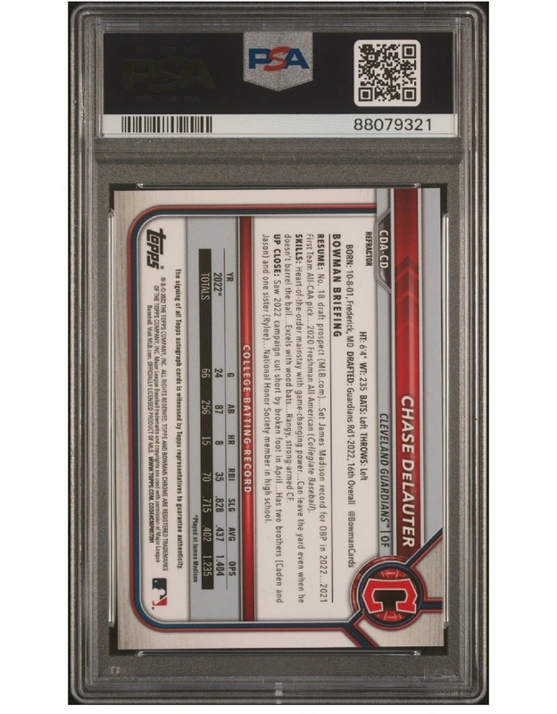 2022 Bowman Draft - PSA 9 Chase DeLauter Chrome Draft Pick Autographs #CDA-CD view 2