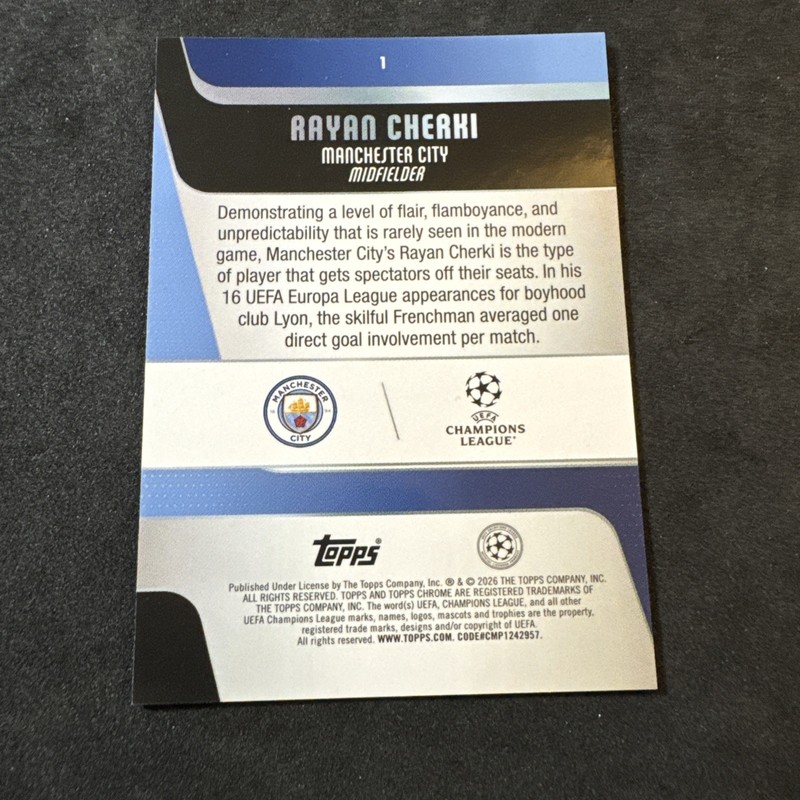 2025-26 Topps Chrome UEFA Rayan Cherki White Refractor #d 21/30 Manchester City view 2