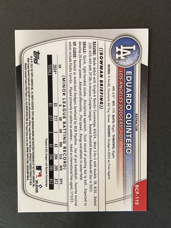 2025 Bowman Chrome 1st Eduardo Quintero Refractor Auto /499 view 2