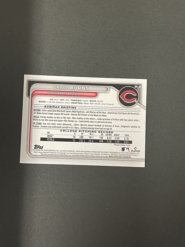 2024 Bowman Chrome Chase Burns 1st Bowman Purple Refractor /250 BDC-55 view 2