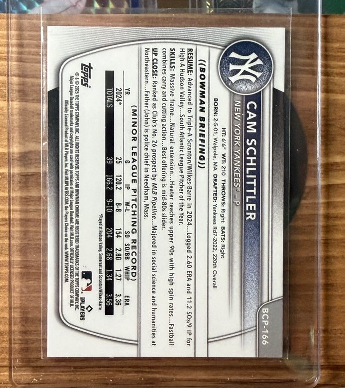 2025 Bowman Chrome - Prospects Cam Schlittler Aqua Mojo Refractor /299 (RC) view 2