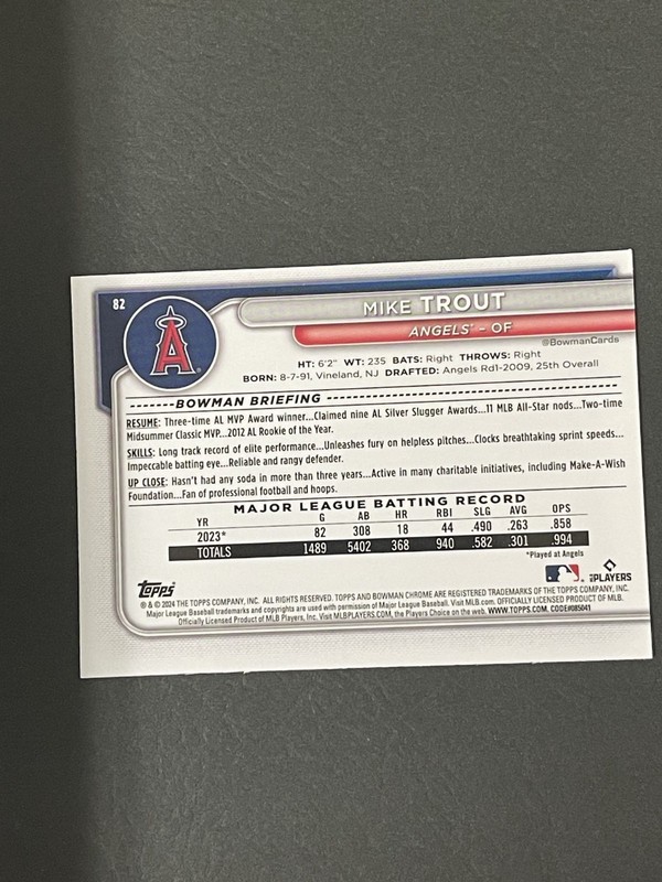 MIKE TROUT 2024 BOWMAN CHROME SAPPHIRE YELLOW ANGELS /75 view 2