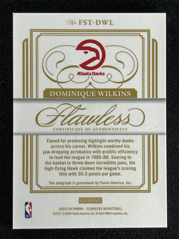 2023-24 Panini Flawless Dominique Wilkins Sapphire Scoring Title Auto Hawks /8 view 2