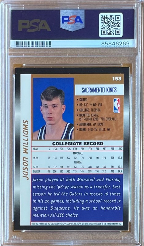 JASON WILLIAMS SIGNED w/"JWILL" 1998/99 TOPPS ROOKIE #153 PSA DNA AUTOGRAPH AUTO view 2