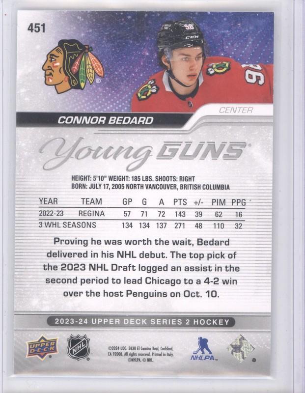 2023-24 Upper Deck #451 Connor Bedard Young Guns Outburst Silver view 2