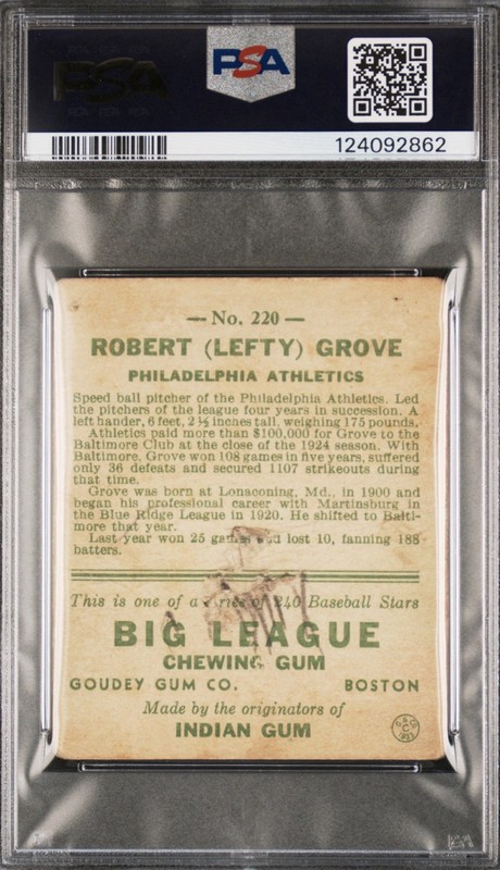 Lefty Grove 1933 Goudey Baseball Card #220. PSA 1 (mk) view 2