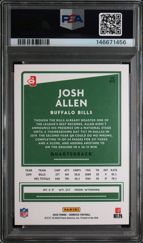 2020 Panini Donruss JOSH ALLEN SP Variation #40 PSA 10 GEM MINT 😎 view 2