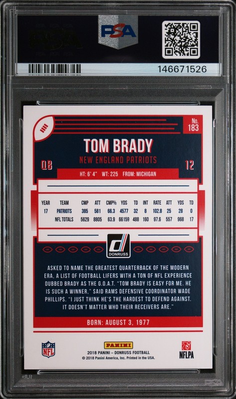 2018 Panini Donruss TOM BRADY #183 PSA 10 GEM MINT ⭐ view 2