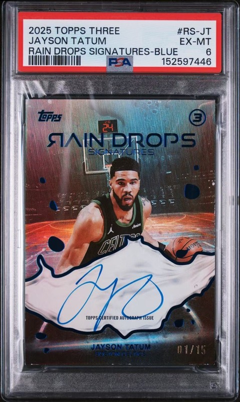 2025-26 TOPPS THREE JAYSON TATUM RAINDROPS AUTO BLUE 1/15 #RS-JT PSA6 CLEAN AUTO