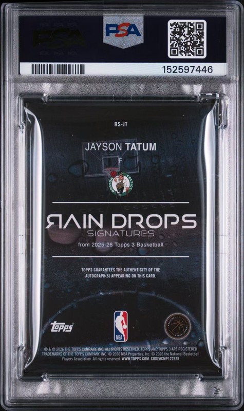 2025-26 TOPPS THREE JAYSON TATUM RAINDROPS AUTO BLUE 1/15 #RS-JT PSA6 CLEAN AUTO view 2