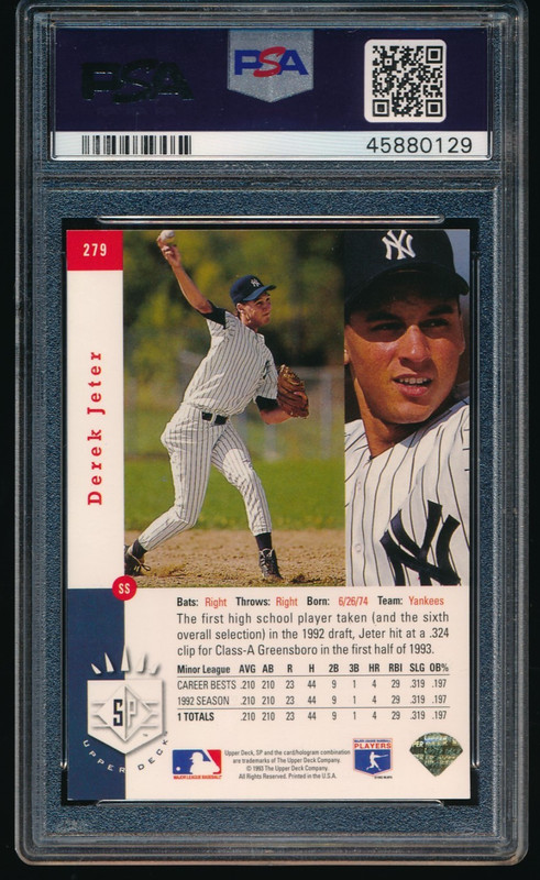 1993 Upper Deck SP Silver Foil #279 Derek Jeter Rookie Card PSA 6 EX-MT view 2
