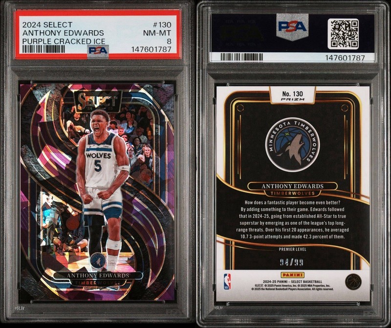 Panini Select Anthony Edwards #130 Purple Cracked Ice Prizm /99 PSA 8