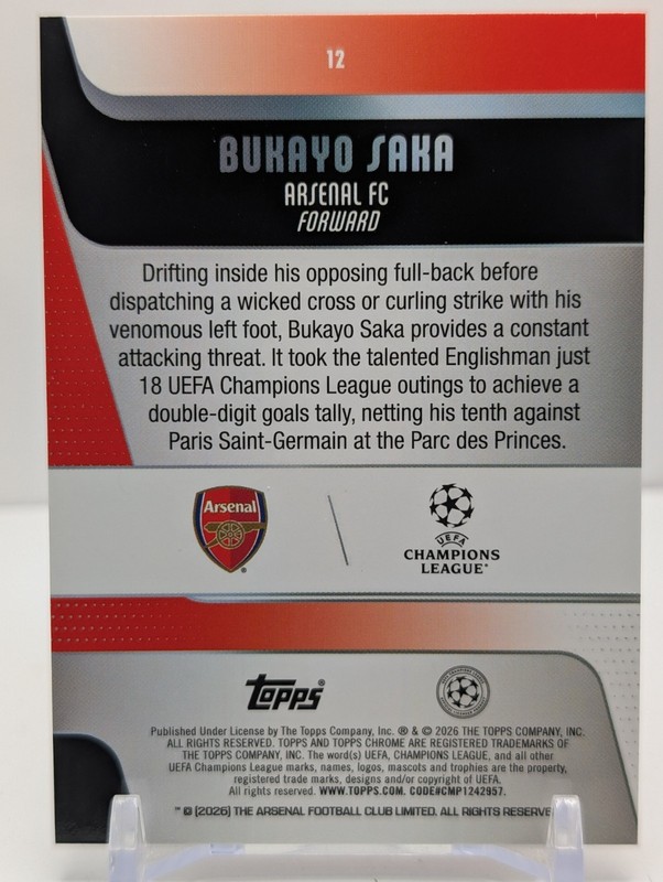 2025-26 Topps Chrome UEFA - Bukayo Saka Gold X-Fractor /50  view 2