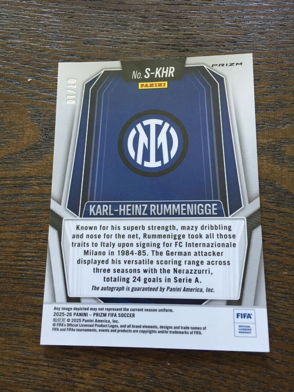 2025-26 Panini Prizm FIFA Karl-Heinz Rummenigge Inter Milan Purple Auto /10 SSP view 2
