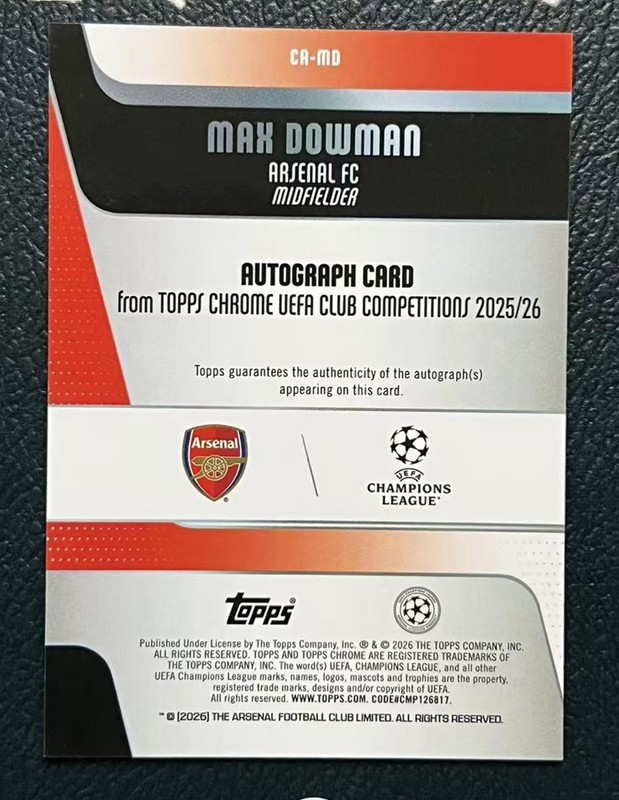 2025-26 Topps Chrome UEFA Max Dowman #CA-MD Pink Rookie RC Auto Arsenal /250 view 2