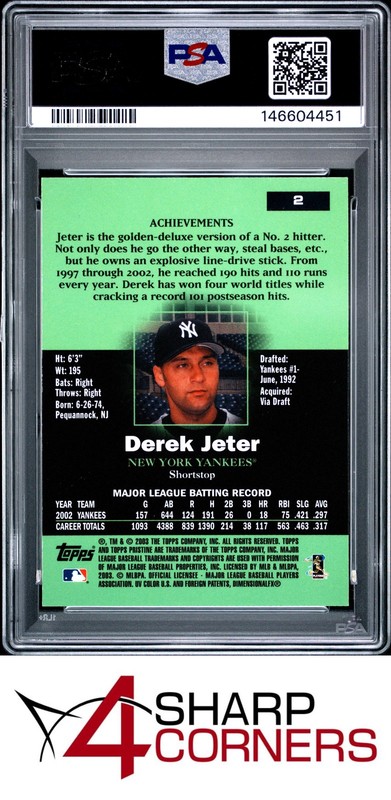 2003 TOPPS PRISTINE #2 DEREK JETER YANKEES HOF PSA 10 view 2