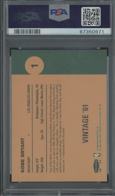 1998 Fleer Tradition Vintage '61 #1 Kobe Bryant Los Angeles Lakers HOF PSA 9 view 2