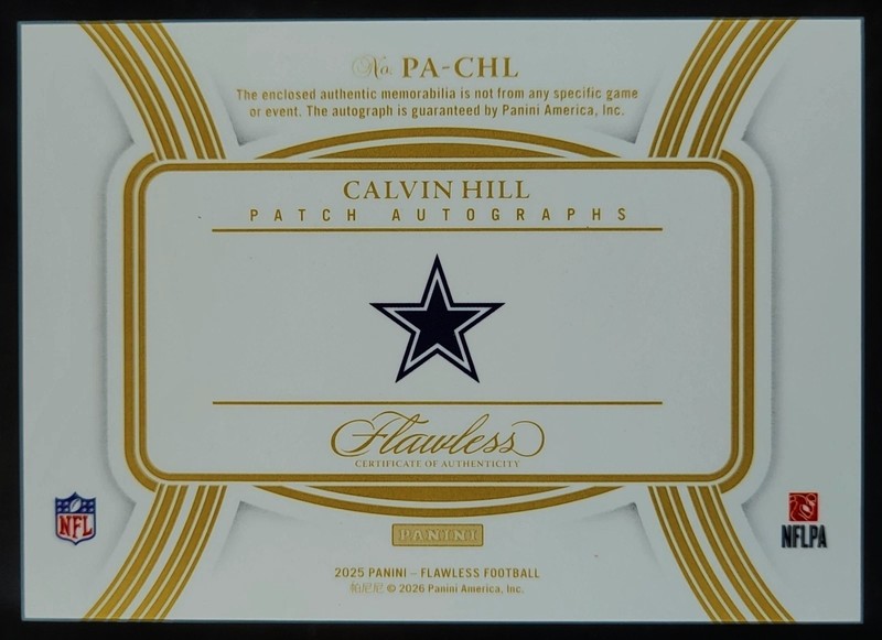 CALVIN HILL-2025 Flawless Holo-Gold (#19/25) 3-COLOR NUMBER PATCH/JERSEY/AUTO view 2