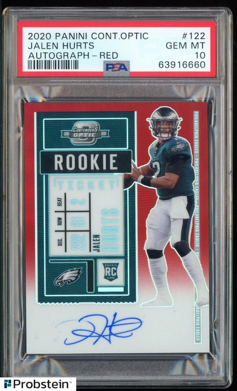 2020 Contenders Optic Red Rookie Ticket Jalen Hurts RC ON CARD AUTO /199 PSA 10