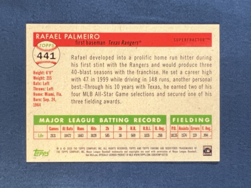 2025 Topps Chrome Platinum Rafael Palmeiro 1/1 Superfractor #441 Texas Rangers view 2