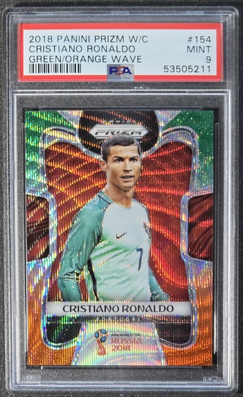 2018 Panini Prizm World Cup #154 Cristiano Ronaldo Green Orange Wave PSA 9 MINT  view 2